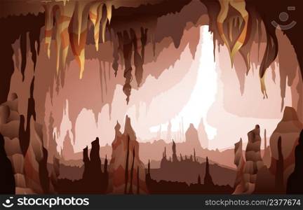 Limestone cave interior with hanging from ceiling stalactites and rising from floor stalagmites natural mineral formations vector illustration. Stalactites Stalagmites Cave Interior View