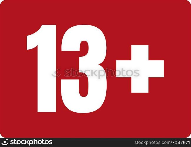 Limit age icon on red background. Icons age limit from 13 vector flat illustration.. Limit age icon on red background. Icons age limit vector flat illustration.