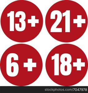 Limit age icon on red background. Icons age limit vector flat illustration.. Limit age icon on red background. Icons age limit from six to twenty-one, vector flat illustration.