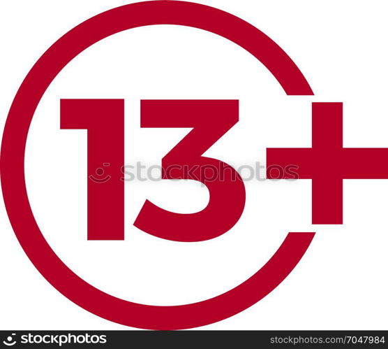 Limit age icon on red background. Icons age limit vector flat illustration.. Limit age icon on red background. Icons age limit from 13 vector flat illustration.
