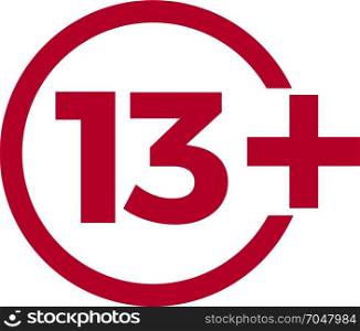 Limit age icon on red background. Icons age limit vector flat illustration.. Limit age icon on red background. Icons age limit from 13 vector flat illustration.