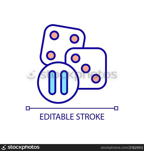 Limit gambling RGB color icon. Dice and pause button. Restrict casino visiting. Addiction overcoming. Isolated vector illustration. Simple filled line drawing. Editable stroke. Arial font used. Limit gambling RGB color icon