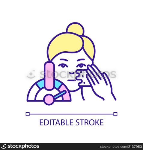 Limit scrub using RGB color icon. Gentle exfoliation. Prevent skin damage. Skincare routine. Isolated vector illustration. Simple filled line drawing. Editable stroke. Arial font used. Limit scrub using RGB color icon
