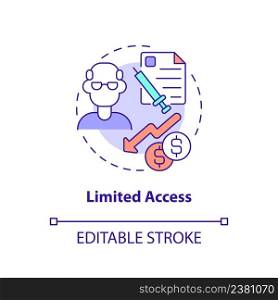 Limited access concept icon. Lack adequate health insurance abstract idea thin line illustration. Poor health outcome risk. Isolated outline drawing. Editable stroke. Arial, Myriad Pro-Bold fonts used. Limited access concept icon