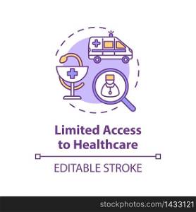 Limited access to healthcare concept icon. Low quality medical treatment. Country living disadvantage idea thin line illustration. Vector isolated outline RGB color drawing. Editable stroke. Limited access to healthcare concept icon