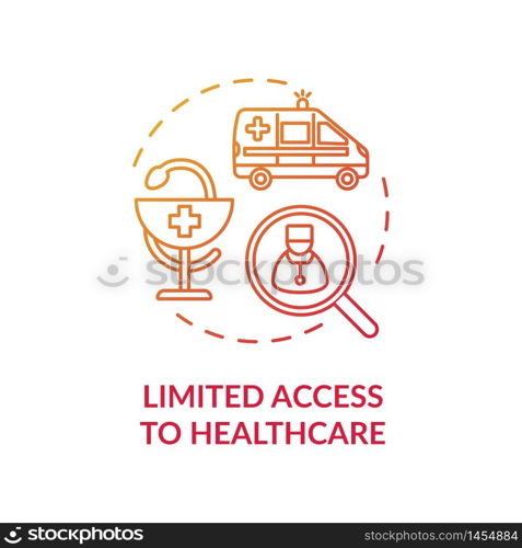 Limited access to healthcare red concept icon. Low quality medical treatment while living in village. Country living disadvantage idea thin line illustration. Vector isolated outline RGB color drawing. Limited access to healthcare red concept icon