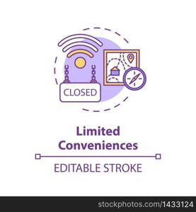 Limited conveniences concept icon. Country living inconvenience. Long distance. Village life disadvantage idea thin line illustration. Vector isolated outline RGB color drawing. Editable stroke. Limited conveniences concept icon