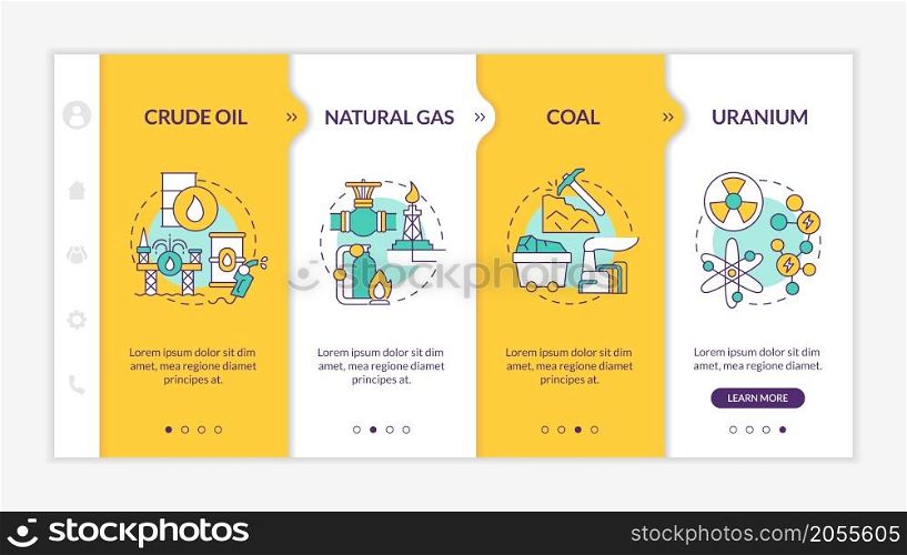 Limited energy sources onboarding template. Nonrenewable fossil fuel. Responsive mobile website with linear concept icons. Web page walkthrough 4 step screens. Lato-Bold, Regular fonts used. Limited energy sources onboarding template