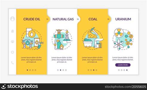 Limited energy sources onboarding template. Nonrenewable fossil fuel. Responsive mobile website with linear concept icons. Web page walkthrough 4 step screens. Lato-Bold, Regular fonts used. Limited energy sources onboarding template