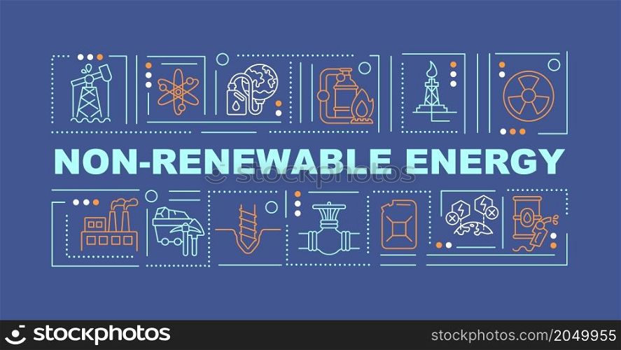 Limited energy sources word concepts banner. Fuel resources. Infographics with linear icons on blue background. Isolated typography. Vector outline color illustration with text. Arial-Black font used. Limited energy sources word concepts banner