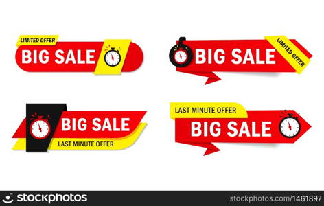 Limited offer sale tags with clock, time. Special discount price badge for promotion, retail, shop. Sticker, promo label, ribbon, flyer icon. Red limited sales offer banner. vector isolated design. Limited offer sale tags with clock, time. Special discount price badge for promotion, retail, shop. Sticker, promo label, ribbon, flyer icon. Limited sales offer banner. vector isolated design