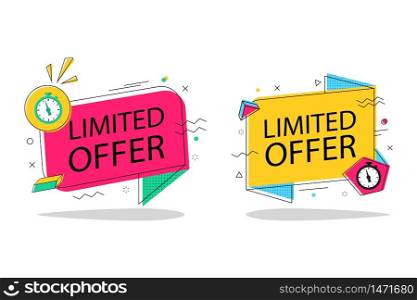 Limited offer with clock with memphis shape for promotion, banner, price. Banner countdown of time with geometric shape for offer sale. Stamp of last chance on isolated background. vector illustration. Limited offer with clock with memphis shape for promotion, banner, price. Banner countdown of time with geometric shape for offer sale. Stamp of last chance on isolated background. design vector