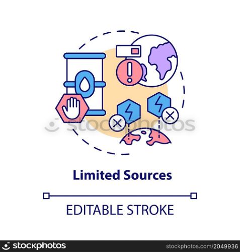 Limited sources concept icon. Non renewable fuel resources abstract idea thin line illustration. Isolated outline drawing. Editable stroke. Roboto-Medium, Myriad Pro-Bold fonts used. Limited sources concept icon