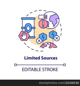 Limited sources concept icon. Non renewable fuel resources abstract idea thin line illustration. Isolated outline drawing. Editable stroke. Roboto-Medium, Myriad Pro-Bold fonts used. Limited sources concept icon