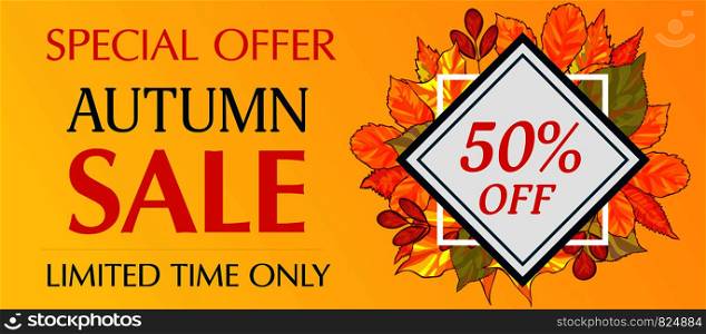 Limited time only autumn sale banner horizontal. Cartoon illustration of vector limited time only autumn sale banner horizontal for web design. Limited time only autumn sale banner horizontal, cartoon style