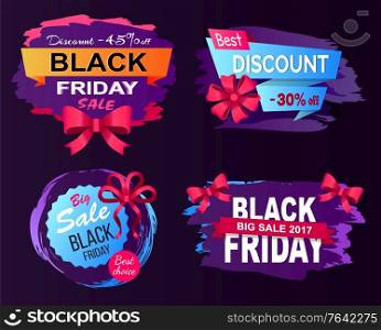 Limited time only, black Friday cyber, big sale, buy now poster. Special shopping promotion lable decorated by bow in red color. Promo font and Black friday logo on sticker. Flyer shopping advertising. Poster Black Friday, Limited Promotion Vector