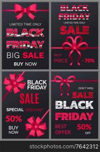 Limited time only, black Friday cyber, big sale, buy now poster. Special shopping promotion card decorated by ribbon and bow in red color. Promo font and Black friday logo. Flyer shopping advertising. Poster Black Friday, Limited Promotion Vector