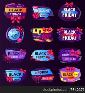 Limited time only, black Friday cyber, big sale, buy now poster. Special shopping promotion lable decorated by bow in red color. Promo font and Black friday logo on sticker. Flyer shopping advertising. Poster Black Friday, Limited Promotion Vector