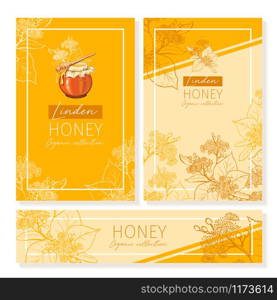 Linden Honey Print Template. Yellow and Orange Banners for Thanksgiving Holiday or Packaging Brand Identity. Vector Illustration. Linden Honey Print Template. Yellow and Orange Banners