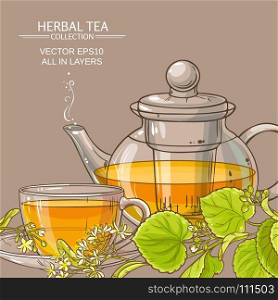 linden tea vector background. linden tea in teapot and cup of tea on color background