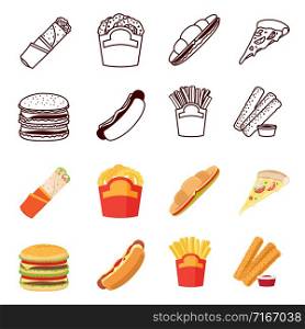 Line and color silhouettes fastfood vector icons set on white background. Line and flat fastfood icons set