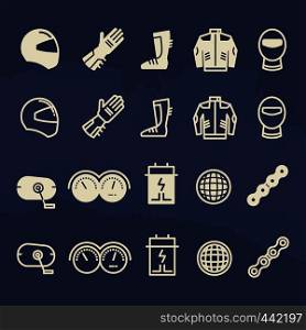 Line and outline auto parts and motorbike accessorises icons. Motorbike speed motor race, chain and shoes accessories. Vector illustration. Line and outline auto parts and motorbike accessorises icons