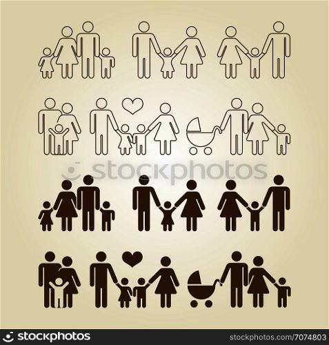 Line and outline family icons set. Family and child, mother and father, vector illustration. Line and outline family icons set
