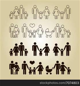 Line and outline family icons set. Family and child, mother and father, vector illustration. Line and outline family icons set