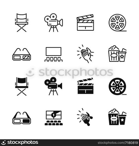 Line and silhouette cinema, movie icons set linear art style. Vector illustration. Line and silhouette cinema, movie icons set