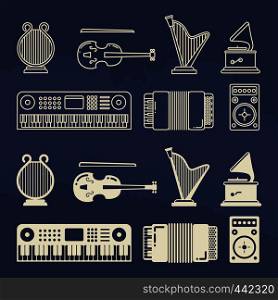 Line and silhouette classic music instruments icons of set. Vector illustration. Line and silhouette classic music instruments icons