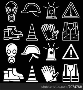 Line and silhouettes personal protective equipment icons set on black background. Vector illustration. Line and silhouettes personal protective equipment icons set on black background