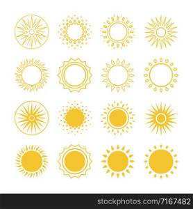 Line and silhouettes sun vector icons collection. Illustration of sun set, sunny light for forecast app. Line and silhouettes sun vector icons collection