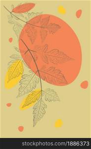 Line art autumn leaves with abstract shapes retro design illustration.