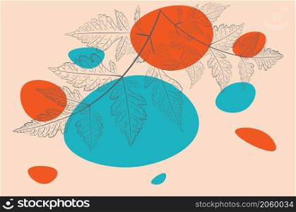 Line art autumn leaves with abstract shapes retro design illustration.