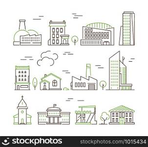 Line art buildings. Urban living houses and villa home exterior suburban vector colored icon collection. Building exterior, house and home, urban architecture illustration. Line art buildings. Urban living houses and villa home exterior suburban vector colored icon collection