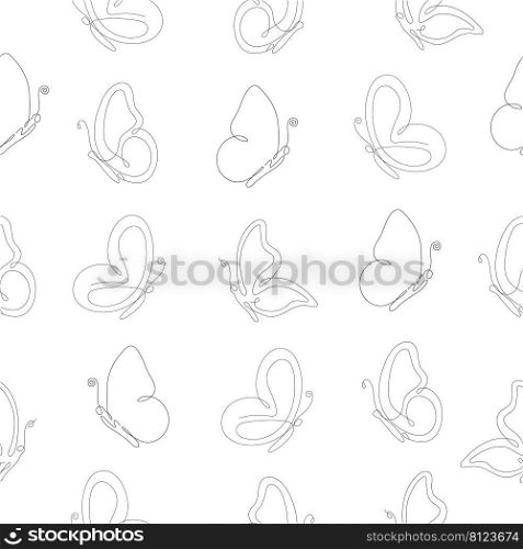 Line art butterfly flying seamless pattern. Continuous one line drawing butterflies insects. Vector isolated on white. 