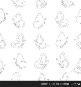 Line art butterfly flying seamless pattern. Continuous one line drawing butterflies insects. Vector isolated on white. 