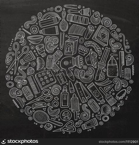 Line art chalk board vector hand drawn set of Hair salon cartoon doodle objects, symbols and items. Round composition. Vector set of Hair salon cartoon doodle objects