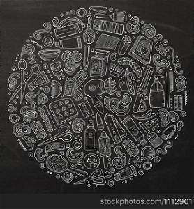 Line art chalk board vector hand drawn set of Hair salon cartoon doodle objects, symbols and items. Round composition. Vector set of Hair salon cartoon doodle objects