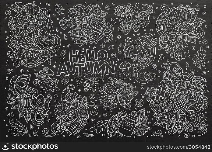 Line art chalkboard vector hand drawn doodle cartoon set of Autumn theme items, objects and symbols. Set of Autumn theme items, objects and symbols