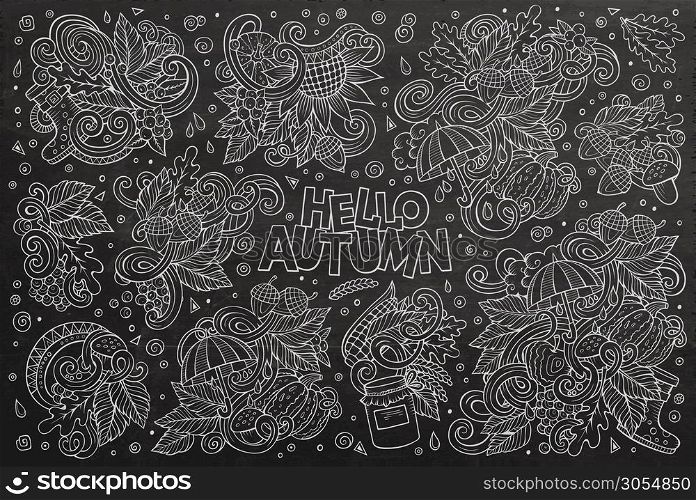 Line art chalkboard vector hand drawn doodle cartoon set of Autumn theme items, objects and symbols. Set of Autumn theme items, objects and symbols