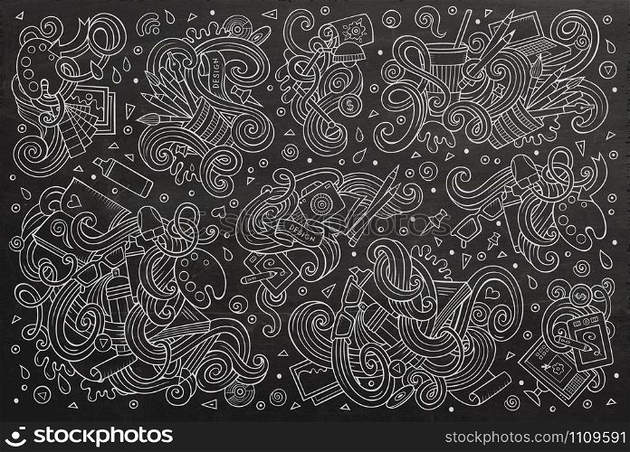 Line art chalkboard vector hand drawn doodle cartoon set of design theme items, objects and symbols. Vector set of design theme items