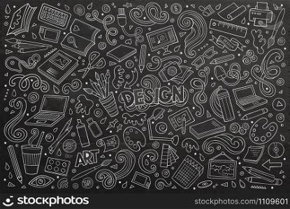 Line art chalkboard vector hand drawn doodle cartoon set of design theme items, objects and symbols. Vector set of design theme items