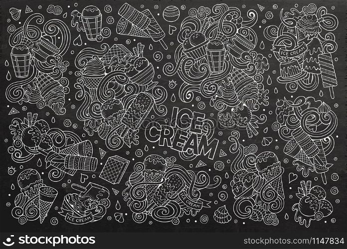 Line art chalkboard vector hand drawn doodle cartoon set of ice cream objects and symbols. Chalkboard vector cartoon set of ice-cream objects