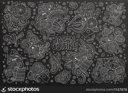 Line art chalkboard vector hand drawn doodle cartoon set of Japan food objects and symbols designs. Vector doodle set of Japan food objects