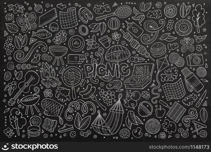 Line art chalkboard vector hand drawn doodle cartoon set of picnic objects and symbols. chalkboard vector doodle cartoon set of picnic objects