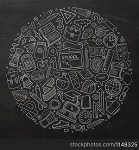 Line art chalkboard vector hand drawn set of Back to School cartoon doodle objects, symbols and items. Round composition. Cartoon Back to school objects set