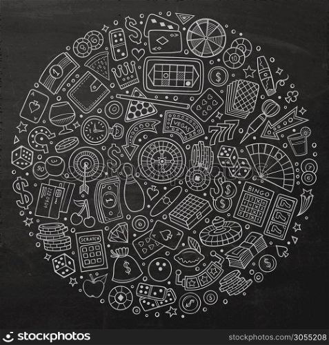 Line art chalkboard vector hand drawn set of Casino cartoon doodle objects, symbols and items. Round composition. Set of Casino cartoon doodle objects, symbols and items