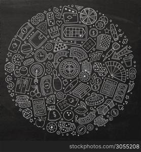 Line art chalkboard vector hand drawn set of Casino cartoon doodle objects, symbols and items. Round composition. Set of Casino cartoon doodle objects, symbols and items