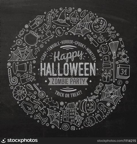 Line art chalkboard vector hand drawn set of Halloween cartoon doodle objects, symbols and items. Round frame composition. Round frame Halloween cartoon objects, symbols and items